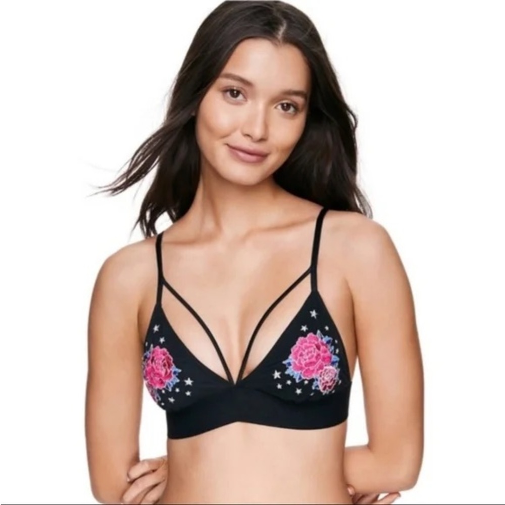 PINK Victoria's Secret Black and Pink Floral Embroidered Bralette